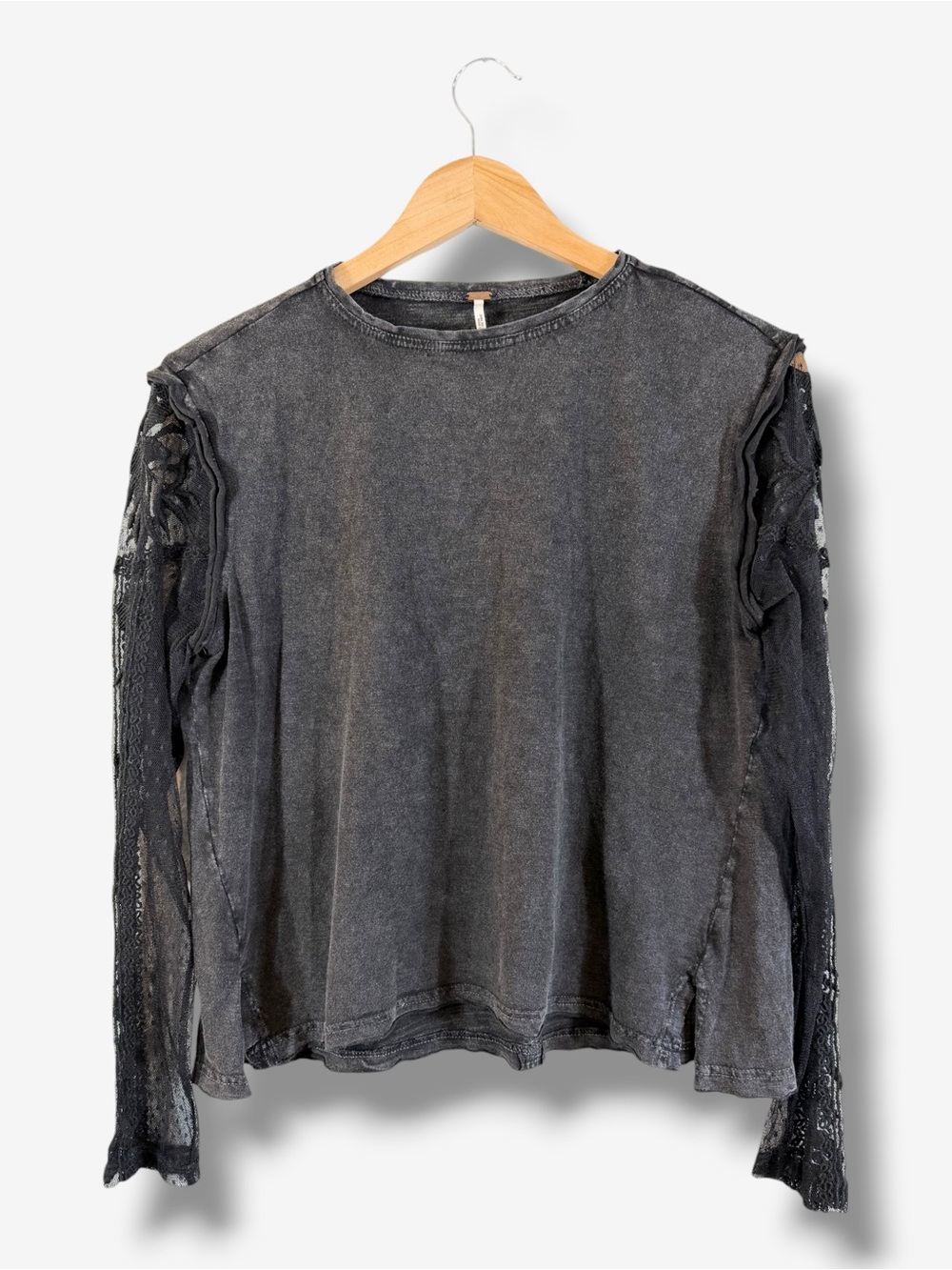 Free People Billie Jean Twofer Lace Sleeve Tee S Black Embroidered Sheer